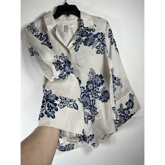 Chicos 100% Linen No Iron Floral Stamp Print Ink Blue 1.5 Button Up Blouse M 10 - Picture 5 of 9